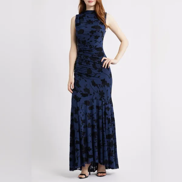 Rails Cosmos Floral Ruched Mesh Maxi Dress Navy Floral Wedding Guest Dress S - Image 6