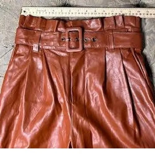 Womens Faux Leather‎ Pants High Waist Brown Paper Bag Waist Belted Trousers - Image 4