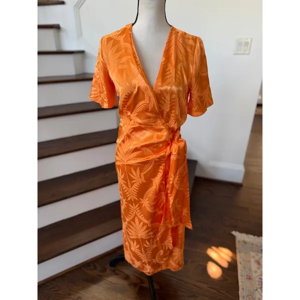 NeverFullyDressed Apricot Orange Palm Vienna Short Sleeve Midi Satin Wrap Dress - Image 2
