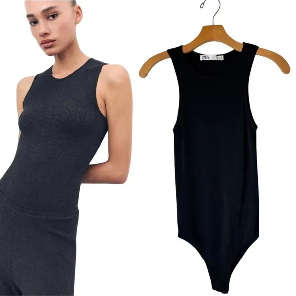 Zara Bodysuit Women Small Black Crew Neck Sleeveless‎ Snap Closure Gothic - Image 2