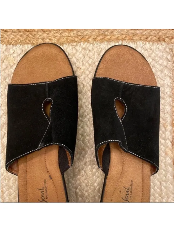 Naturalizer Women’s Natural Soul Black Hoover Suede Keyhole Slide Wedge Sandals Size 10 - Image 7