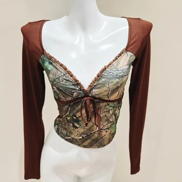 Brown Long Sleeve Crop Top - Image 2