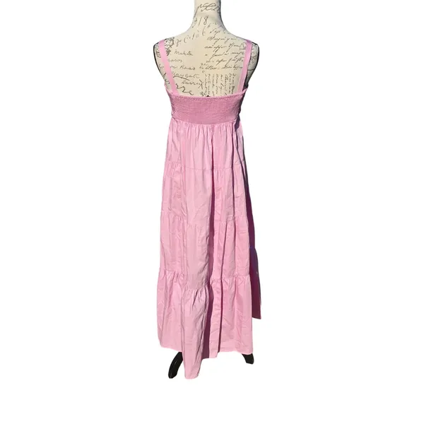 Zara Pink Poplin Cotton Ruched Tiered Maxi Dress Smocked Back Womens Size Medium - Image 4