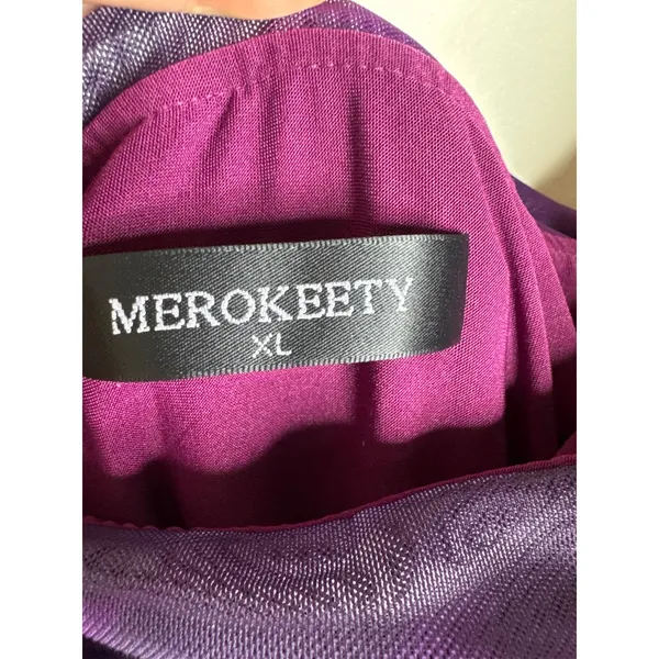 MEROKEETY Off-Shoulder Watercolor Floral Mesh Purple Maxi Dress Sheer Overlay XL - Image 2