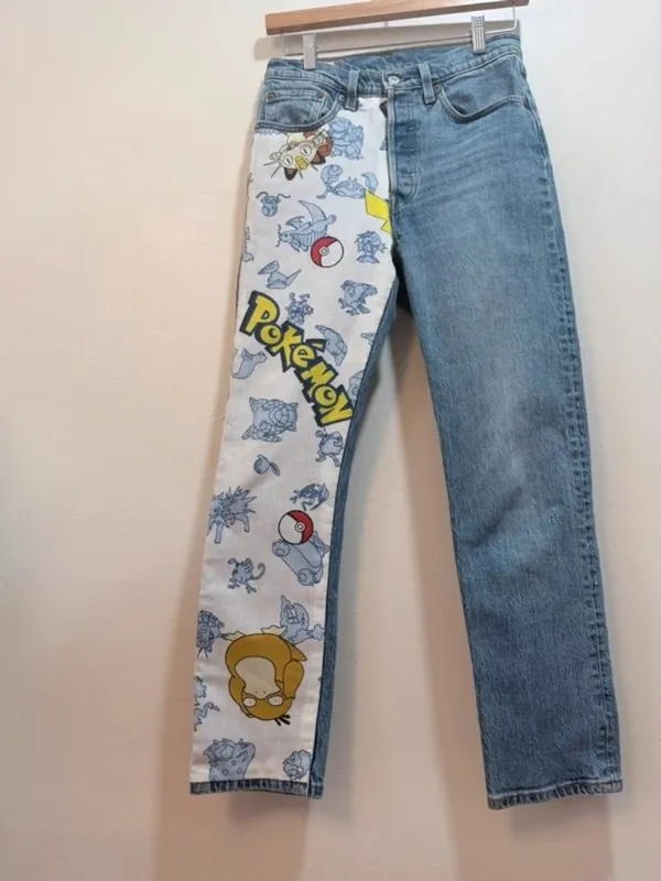 Custom Reworked 1-of-1 Levi's 501 Crop Jeans Pokémon Graphic Leg W26 L26.5 Upcyc - Image 2