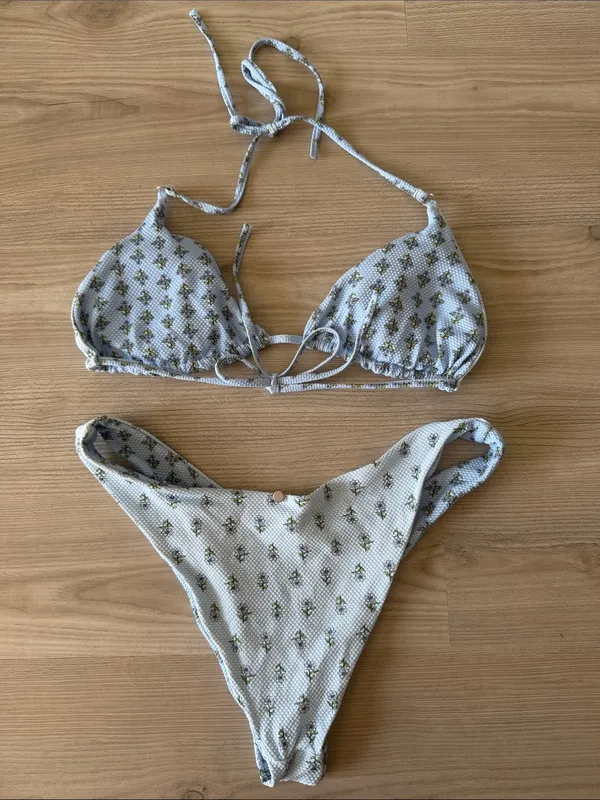 Rhythm. Pale Blue Floral Triangle Bikini Set Size L - Image 4