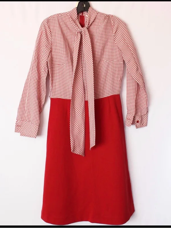 Vintage 70s Gingham Prairie Dress Country Miss Red Cottagecore Picnic Bow Midi M - Image 7