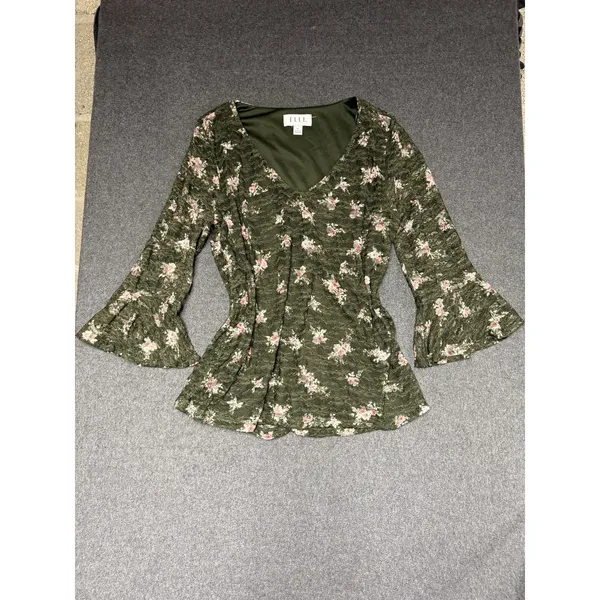 Elle Green‎ V-neck Blouse With Pink Flowers, Size M Whimsy Fairy Yk Lace Meah - Image 4