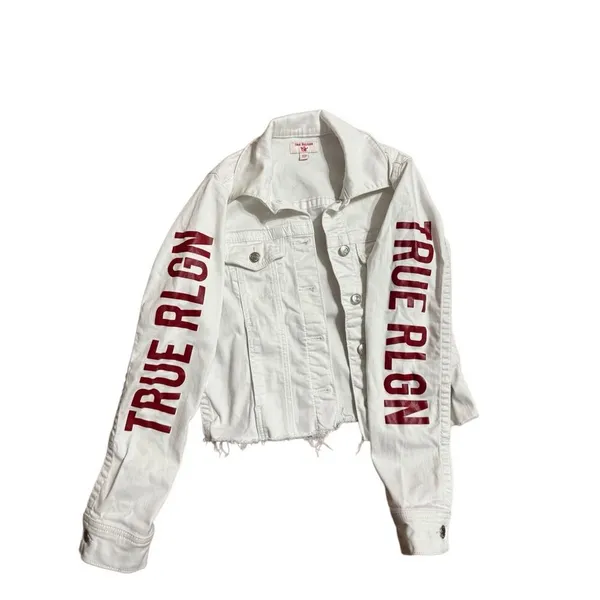True Religion Fashion trucker with‎ Red Logo on Sleeves Sz XS White Jean Jacket - Image 7