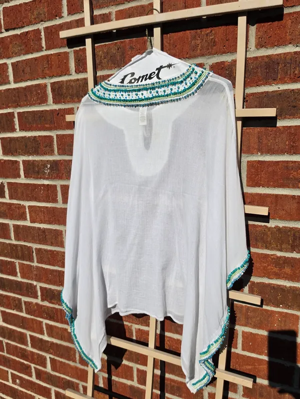 CHICO'S Turquoise Beaded Tunic OS Embellished Swim Coverup Top - Image 7