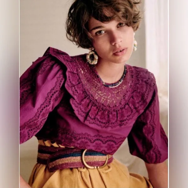 Sézane Elsa Blouse Eyelet Embroidered Ruffled Openwork in Purple Violet sz36/US4 - Image 2