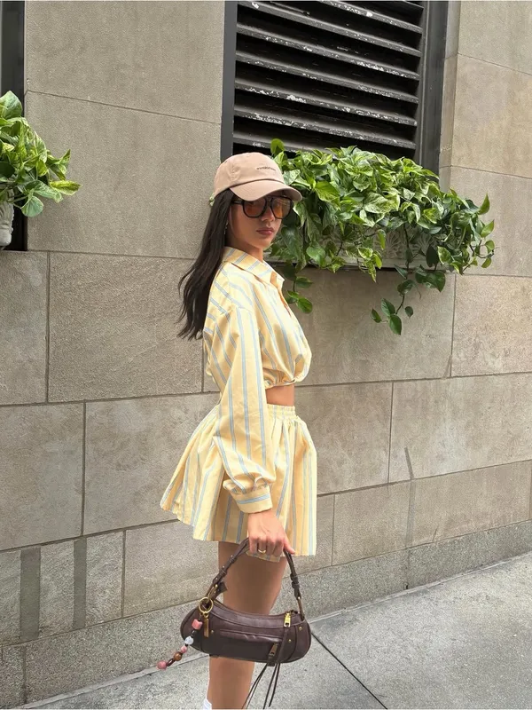 Boutique Women's Yellow Striped Pleated Mini Shorts- Coordinated Set - Image 2
