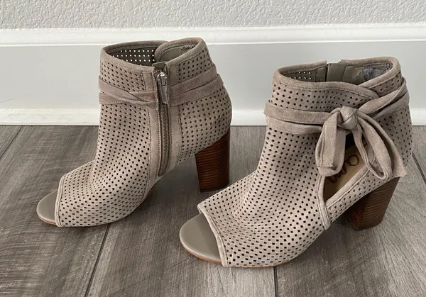 Open Toe Bootie Perforated Suede Bow Tie Taupe-8M - Image 4