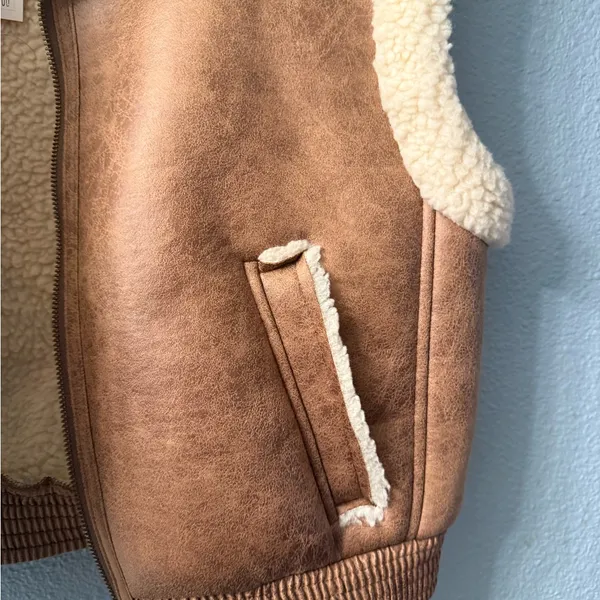 LOFT Tan Shearling Vest with Cream Lining - Image 4