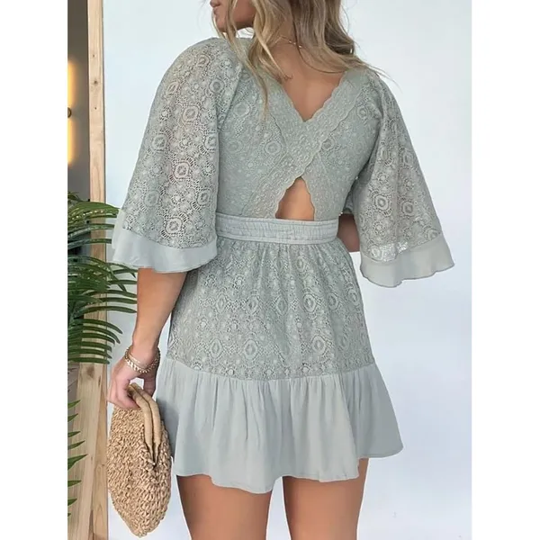 Mable Lace Romper Womens SM Sage Green Boho Bell Sleeve Vacation Cottagecore‎ - Image 2
