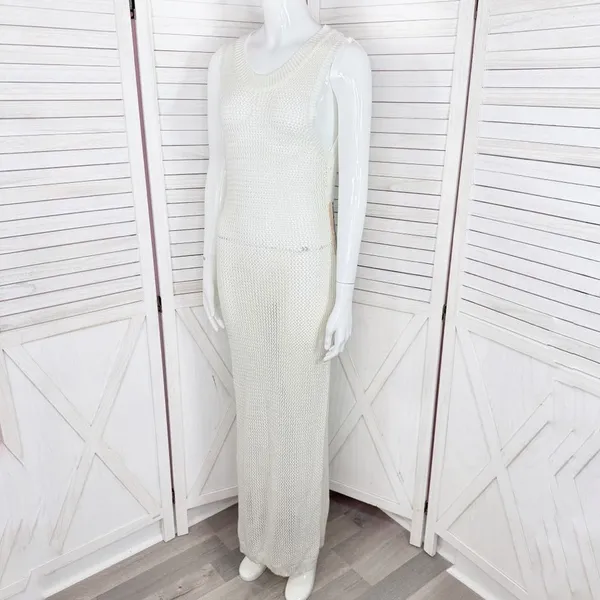 Almost Famous Sheer Crochet Open Back Beach Swim Cover‎ Maxi Dress Cream Medium - Image 2