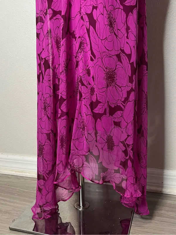 Vintage ICE Magenta Floral Bias Cut Silk Asymmetrical Maxi Dress - Image 5