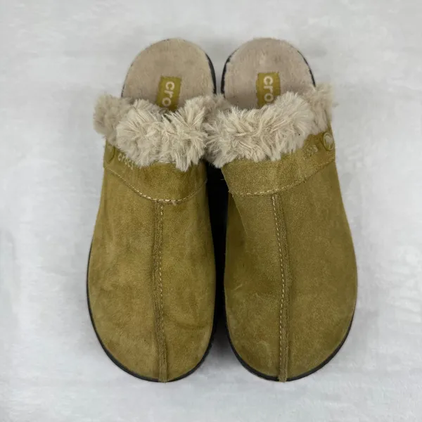 Crocs Suede Fur Lined Platform Clogs Olive Green Brown Wedge Mules‎ Womens 7 - Image 3