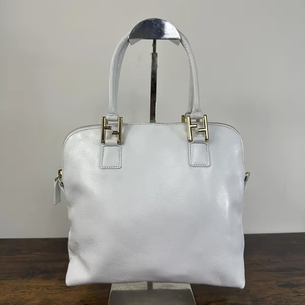 Fendi Vintage Satchel Bag Womens Medium White Leather Italy Top Handle FF - Image 7