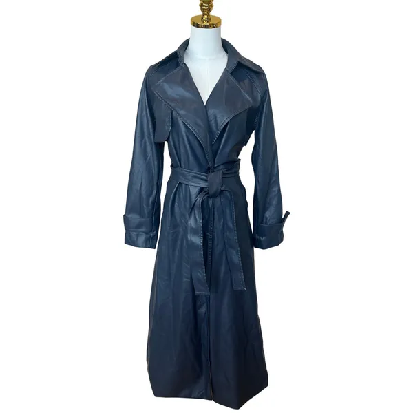 Jason Wu Navy Blue Faux Leather Trench Coat XS Double Breasted Designer $515 - Image 8