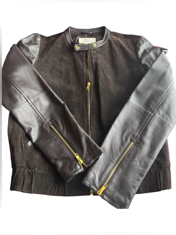 MNG Mango Mixed Media‎ Leather & Suede Bomber Jacket Deep Chocolate Brown/Gold M - Image 4