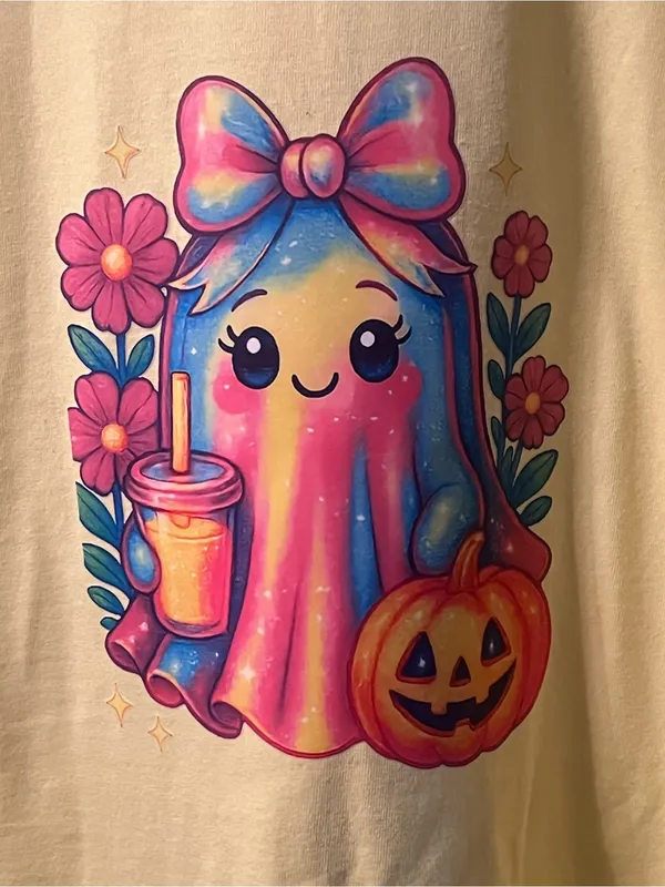 Gildan Cute Ghost & Pumpkin Halloween Yellow Unisex T-Shirt 100% Cotton Size XL NWT - Image 5