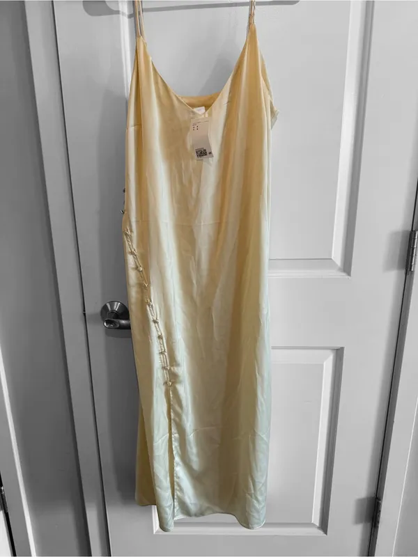 H&M Cream Satin Slip Midi Dress with Side Button Slit and V-Neck - Image 2