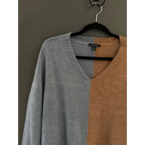 Tribal Womens Medium V-Neck Colorblock Knit Sweater Blue Camel‎ Brown Pullover - Image 3