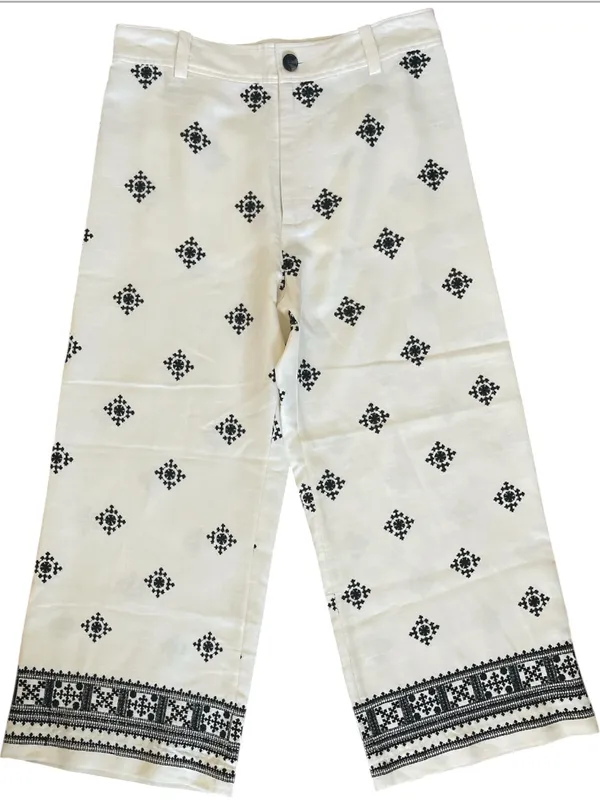 ZARA LINEN BLEND EMBROIDERED PANTS Ivory/ Black Size Large - Image 6