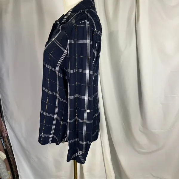 Tommy Hilfiger Women's Navy‎ Plaid Button Down Shirt Metallic Accents Size M - Image 8
