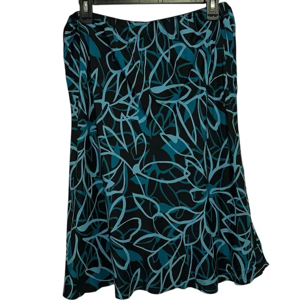 Amanda Smith Silk Skirt‎ Large Teal Black Floral Knee Length Flowy - Image 2