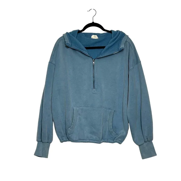 BIBI Blue Quarter Zip Hoodie Small Pullover Sweatshirt Kangaroo Pocket Cozy - Image 2