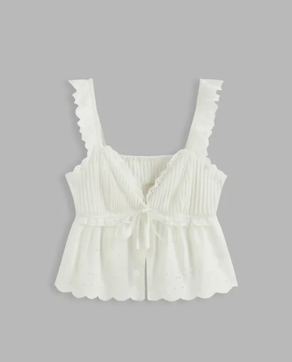 ZARA 100% COTTON SQUARE NECK SOLID WAVE TRIM KNOTTED CROP CAMI TOP - Image 3