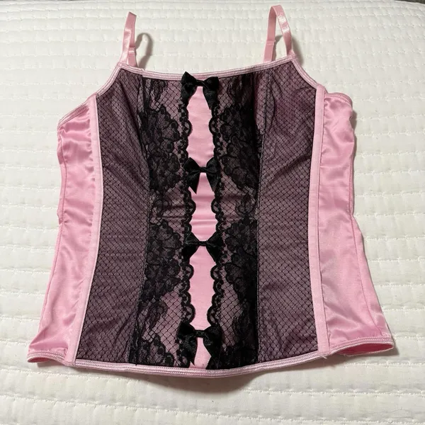 Victoria’s Secret Corset Style Tank Top Sz M Medium Pink With Black Lace - Image 13