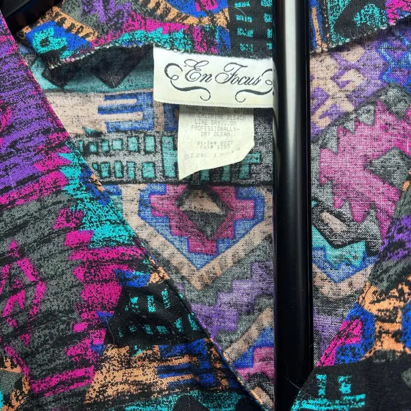 VTG En Focus Geometric Jumpsuit Purple L Rayon Southwestern Boho 90s USA Made - Image 14