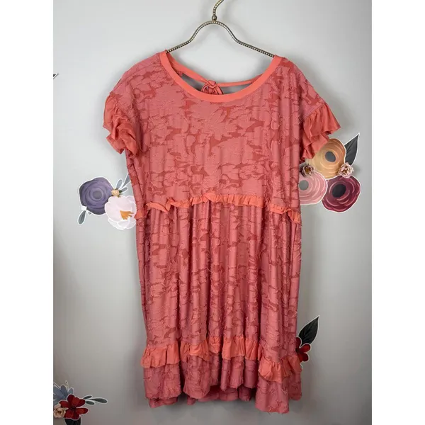 Anthropologie Coral Pink Ruffle Knit Mini Short Sleeve Dress - Size - Small - Image 7