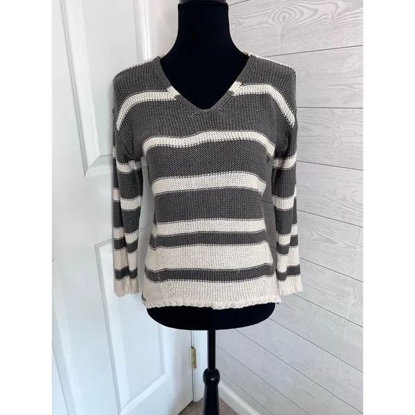 RDI gray white striped open knit V-neck sweater acrylic Size Small - Image 3