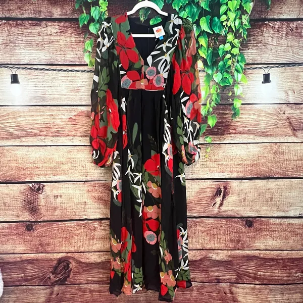 Farm Rio x Anthropologie Long Sleeve V Neck Floral Maxi Dress Balloon Sleeve S - Image 5