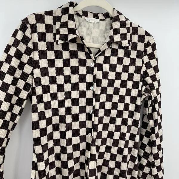 Eb Luxe Checkered Blouse Open Tunic Button Down M Long Sleeve Boho Western M Brown Size M - Image 3