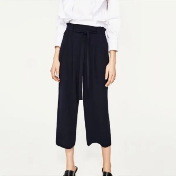 Zara -1310 Wide Leg Crop Pants‎ Tie Waist Black Women's Size XS - Image 2