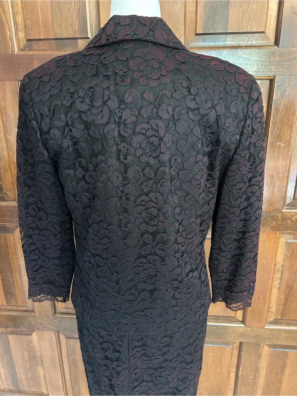 Vtg Le Crillon‎ Black Red Lace 2 Piece Dress Blazer Suit Set Size 10 Wedding - Image 6