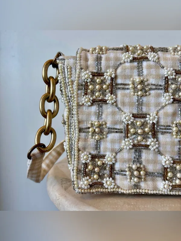 Zara Embellished beaded Cream Pearl-Trim Shoulder Bag - Image 3