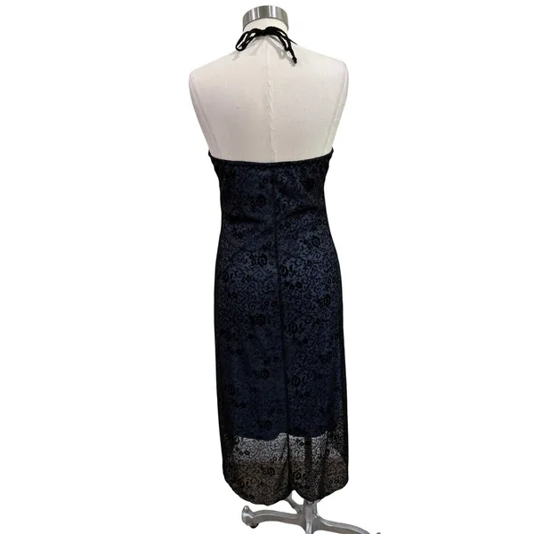 Byer California Vintage Y2K Burnout Velvet Halter Dress Black Blue Floral Large - Image 2