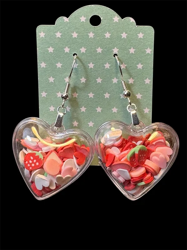 Handmade Heart Puff Shaker Dangle Earrings Strawberries And Hearts New - Image 2