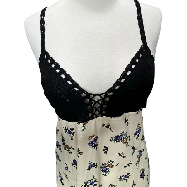 Zara Crochet Satin Maxi Slip Dress Black Cream‎ Lavender Floral Boho Festival S - Image 4