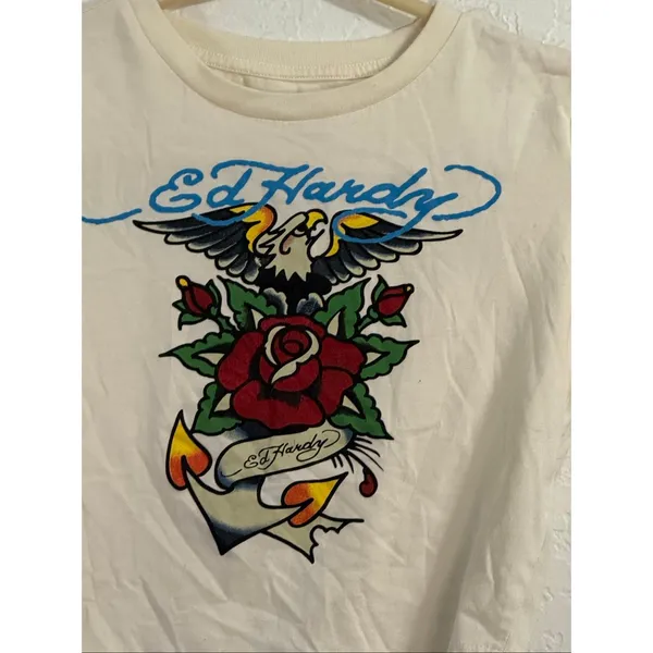 Ed Hardy Ladies Cropped Tee Size M Eagle Rose Anchor shirt top - Image 2