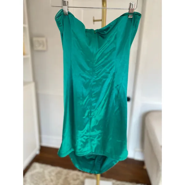 Hello Molly Emerald Mini Dress Satin Cutout Ruched‎ L Quiet Luxury Prom Cocktail - Image 3