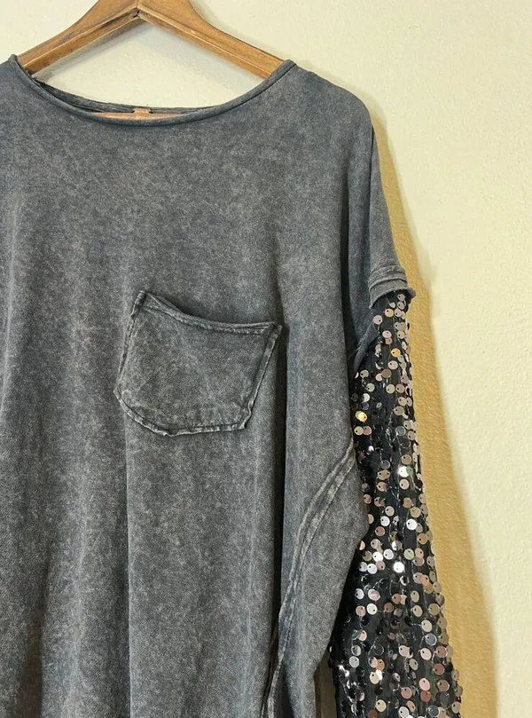 Free People Celine Sequin Sleeve T-Shirt Womens Sz XS Holiday New Years Sheer - Image 5
