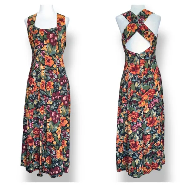 Vintage All That Jazz Dark Floral Black Crossback Maxi Dress Sleeveless Romantic - Image 2