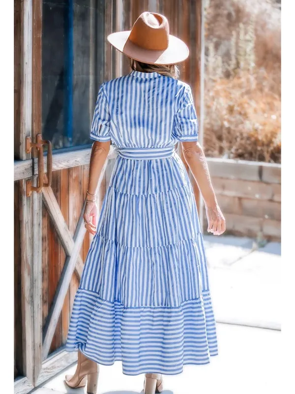 NWT Cupshe Blue Striped Puff Sleeve Front Button Maxi Dress - Size: Small - Image 10